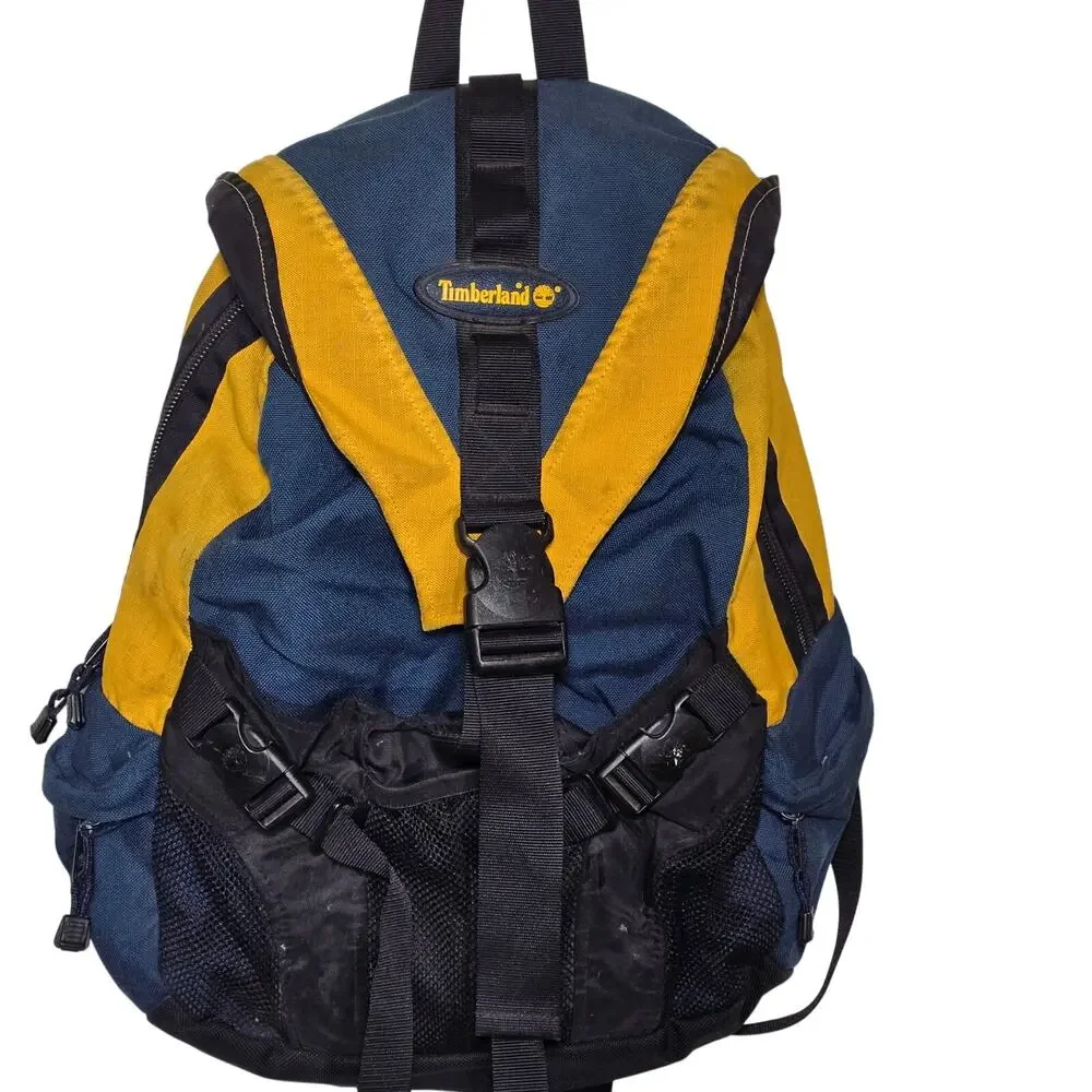 Timberland Vintage Backpack Blue & Yellow Colorblock Hiking Bag Day Pack